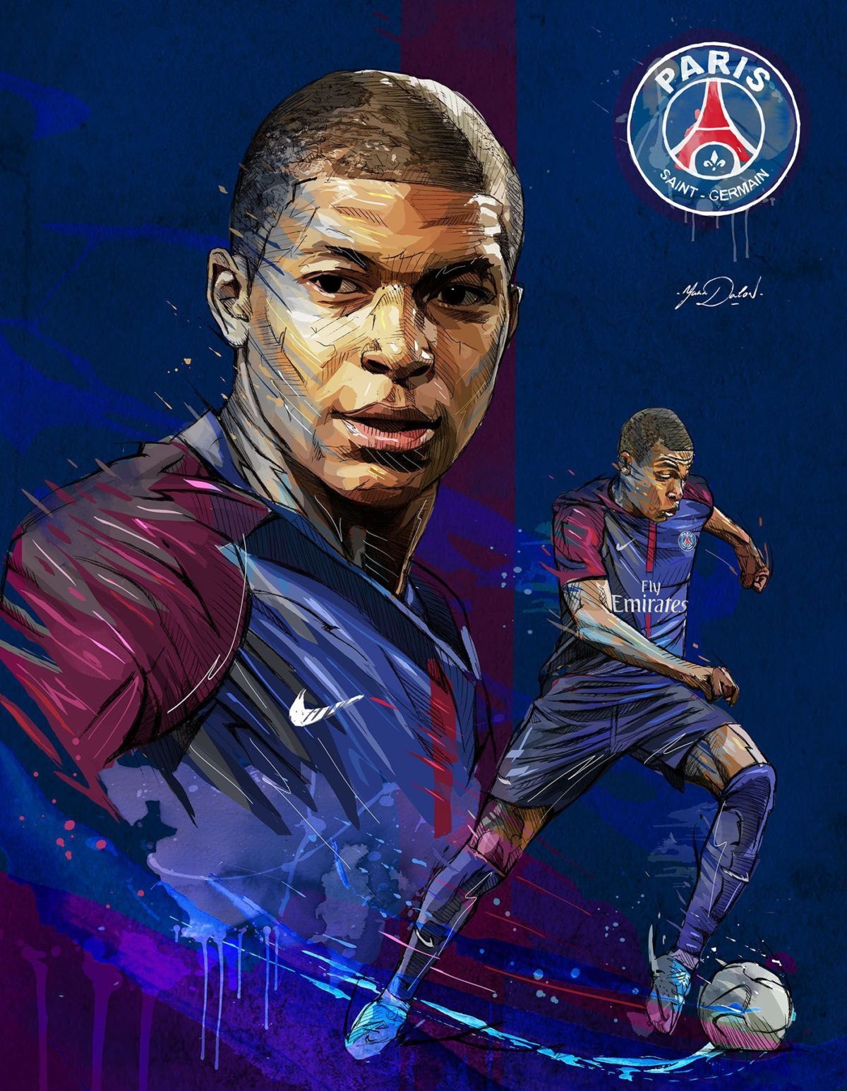 My painting of Kylian Mbappé, young soccer player of the PSG …